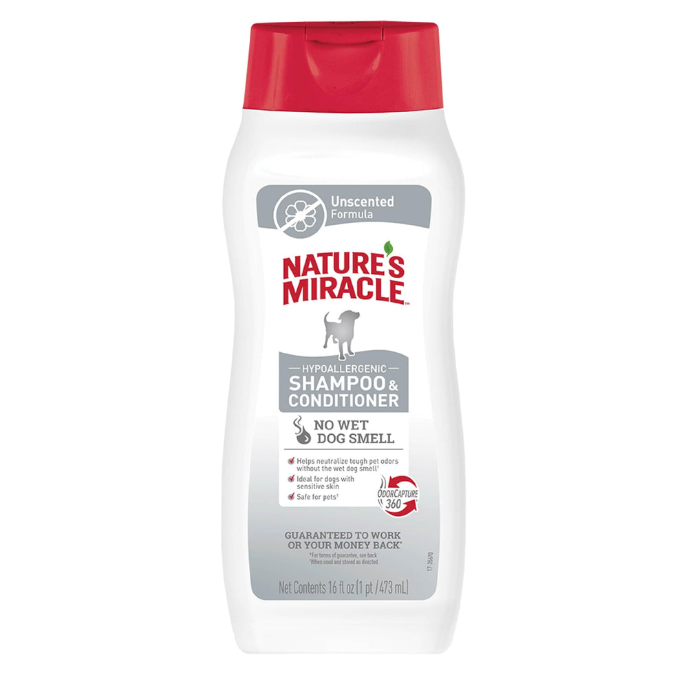 Nature's Miracle hypoallergenic shampoo for dogs bottle enables easy grooming.