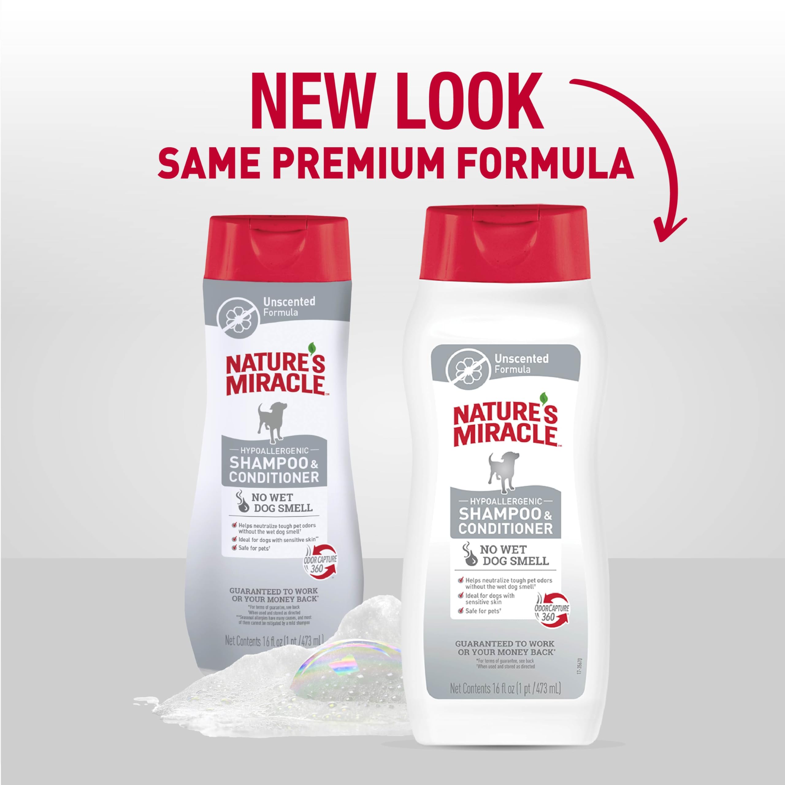 Nature's Miracle unscented shampoo label shows fragrance-free formula.