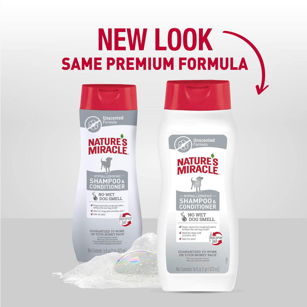 Nature's Miracle unscented shampoo label shows fragrance-free formula.