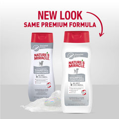 Nature's Miracle unscented shampoo label shows fragrance-free formula.