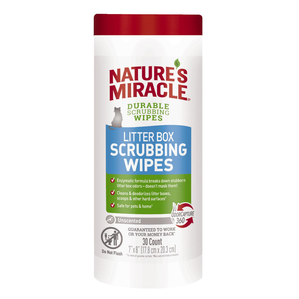 Nature's Miracle Litter Box Scrubbing Wipes dispensing cap close-up for quick cleanups