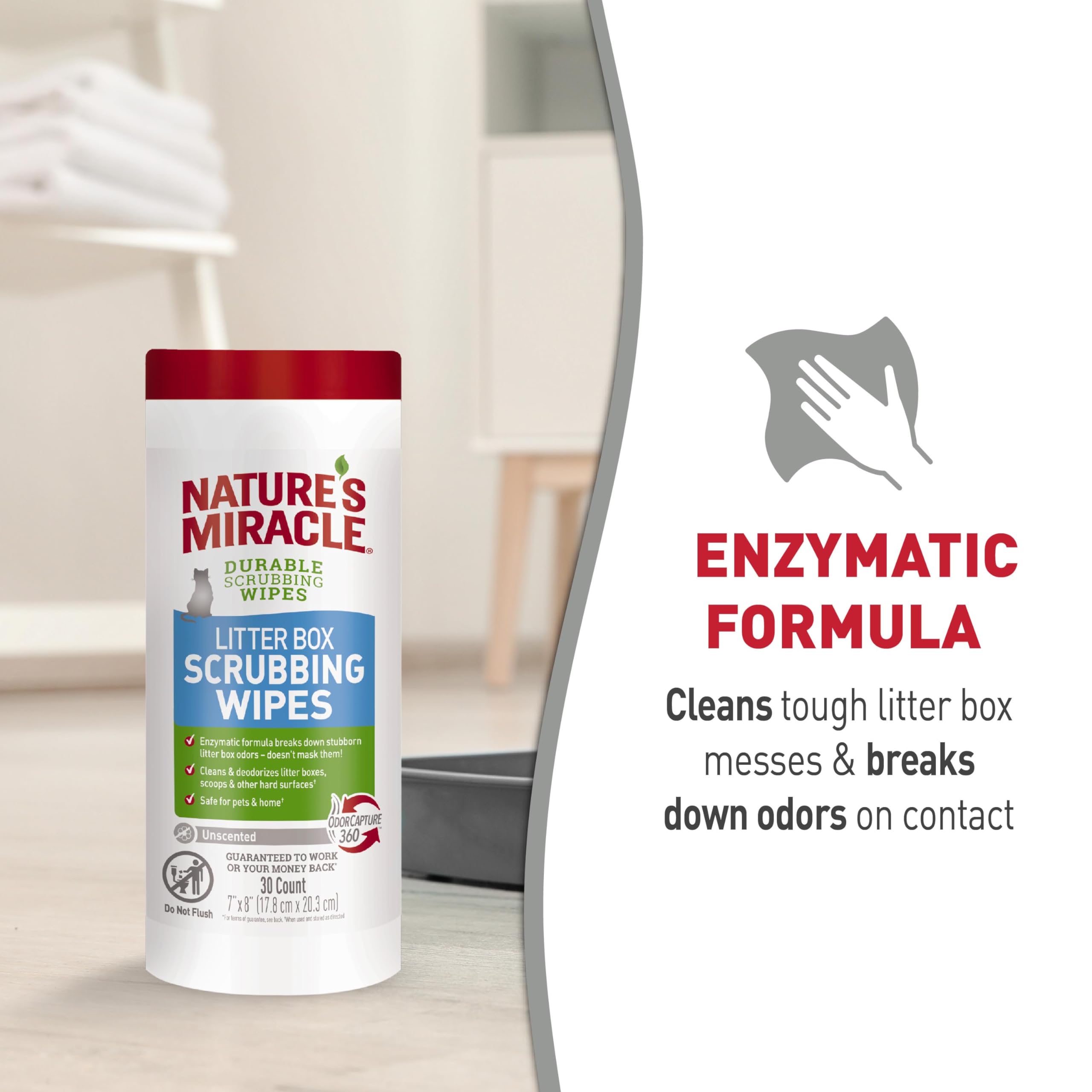 Nature's Miracle Litter Box Scrubbing Wipes used on scoops and hard surfaces around litter area