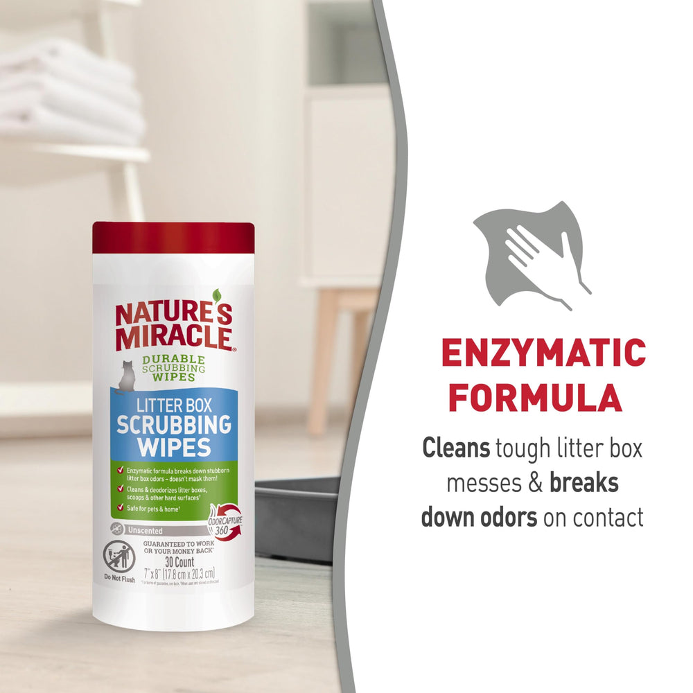 Nature's Miracle Litter Box Scrubbing Wipes used on scoops and hard surfaces around litter area
