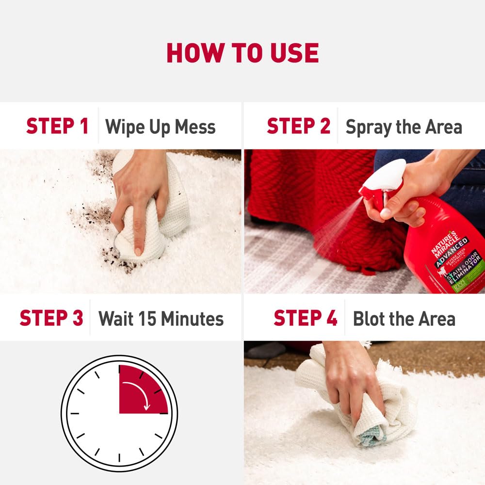 Nature's Miracle pet mess removal on carpet implies odor control and stain lifting.
