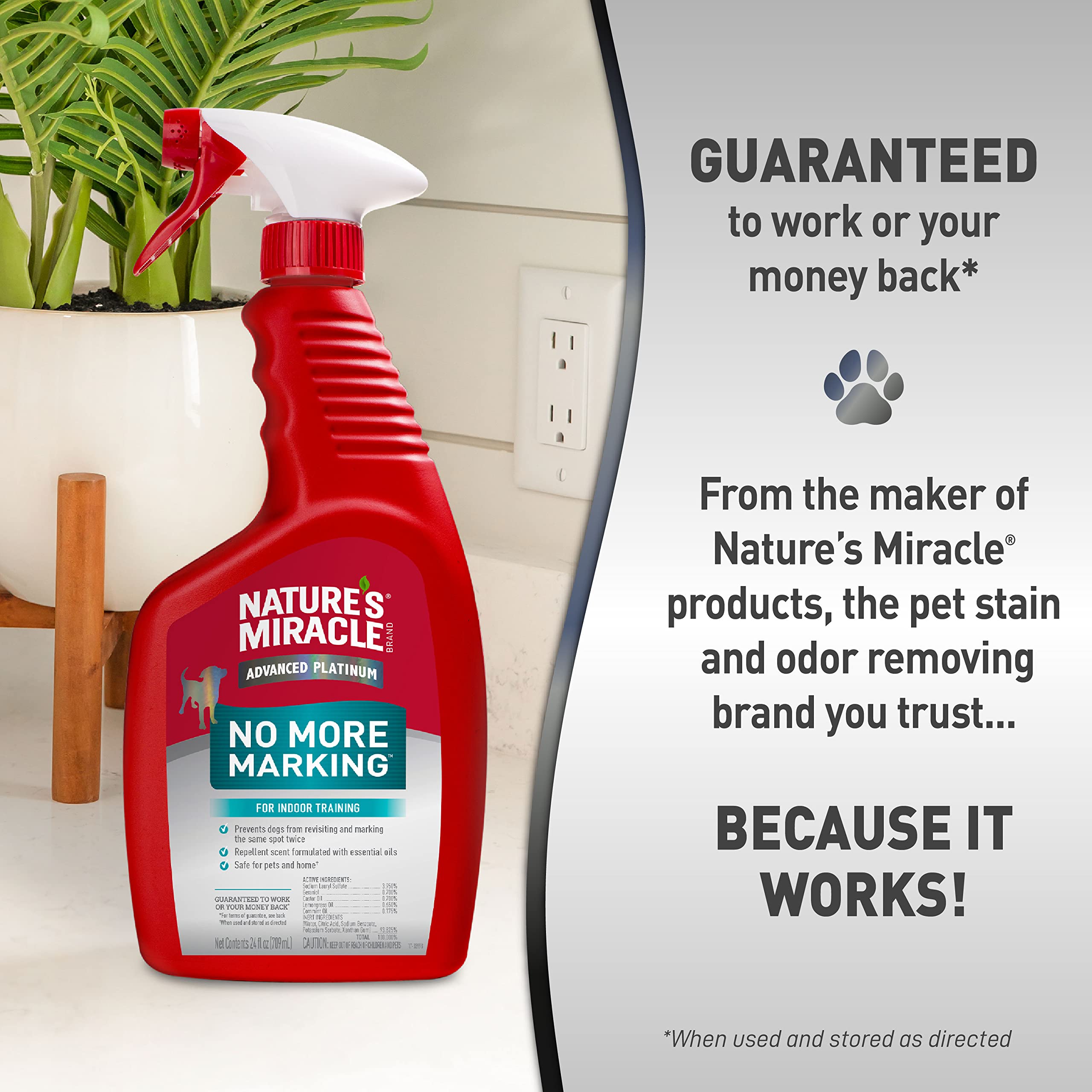 Nature's Miracle stain and odor remover bottle shown as prep step before No More Marking treatment