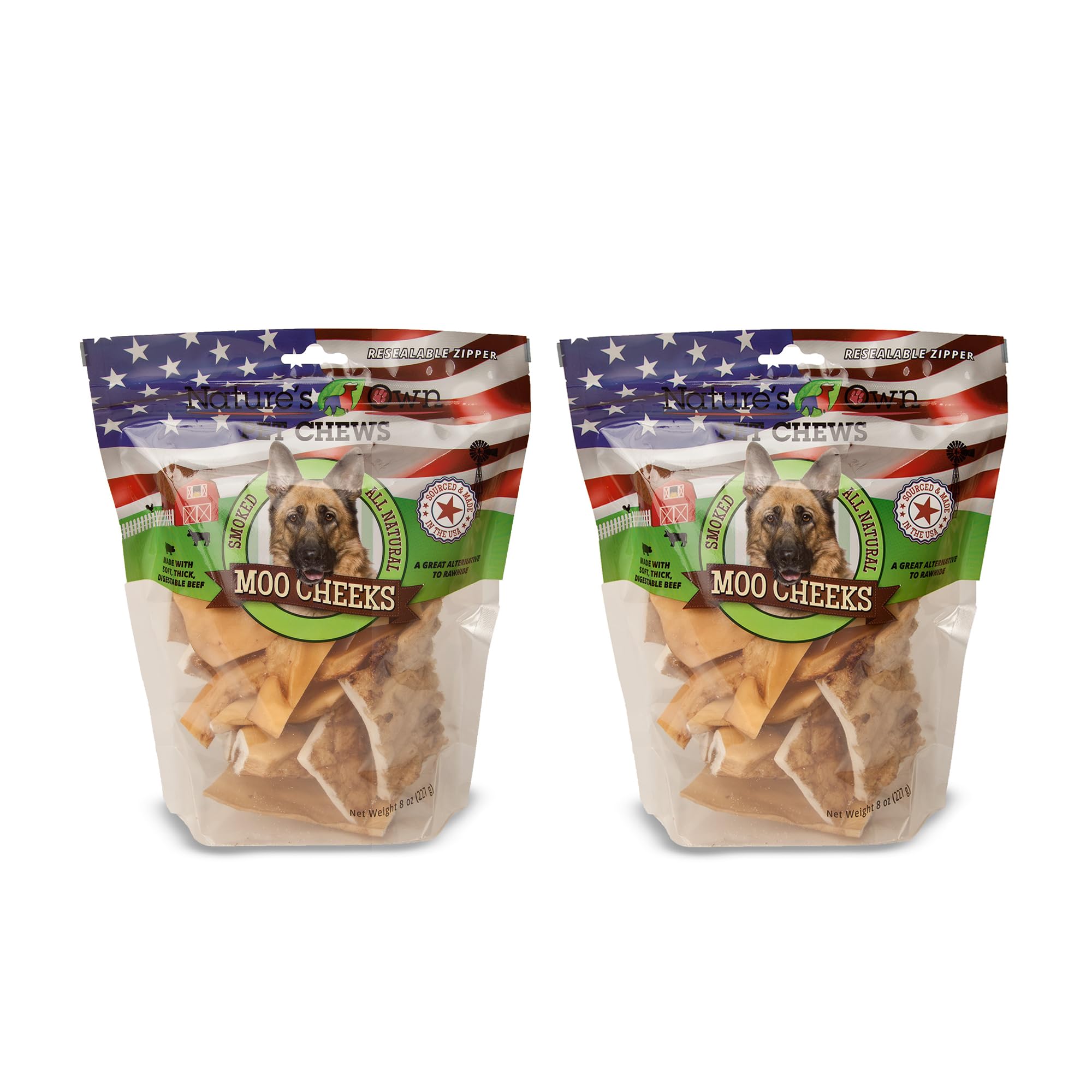 Nature's Own Pet Chews smoked Moo Moo Cheeks 8 oz: soft, digestible beef for easy chewing.