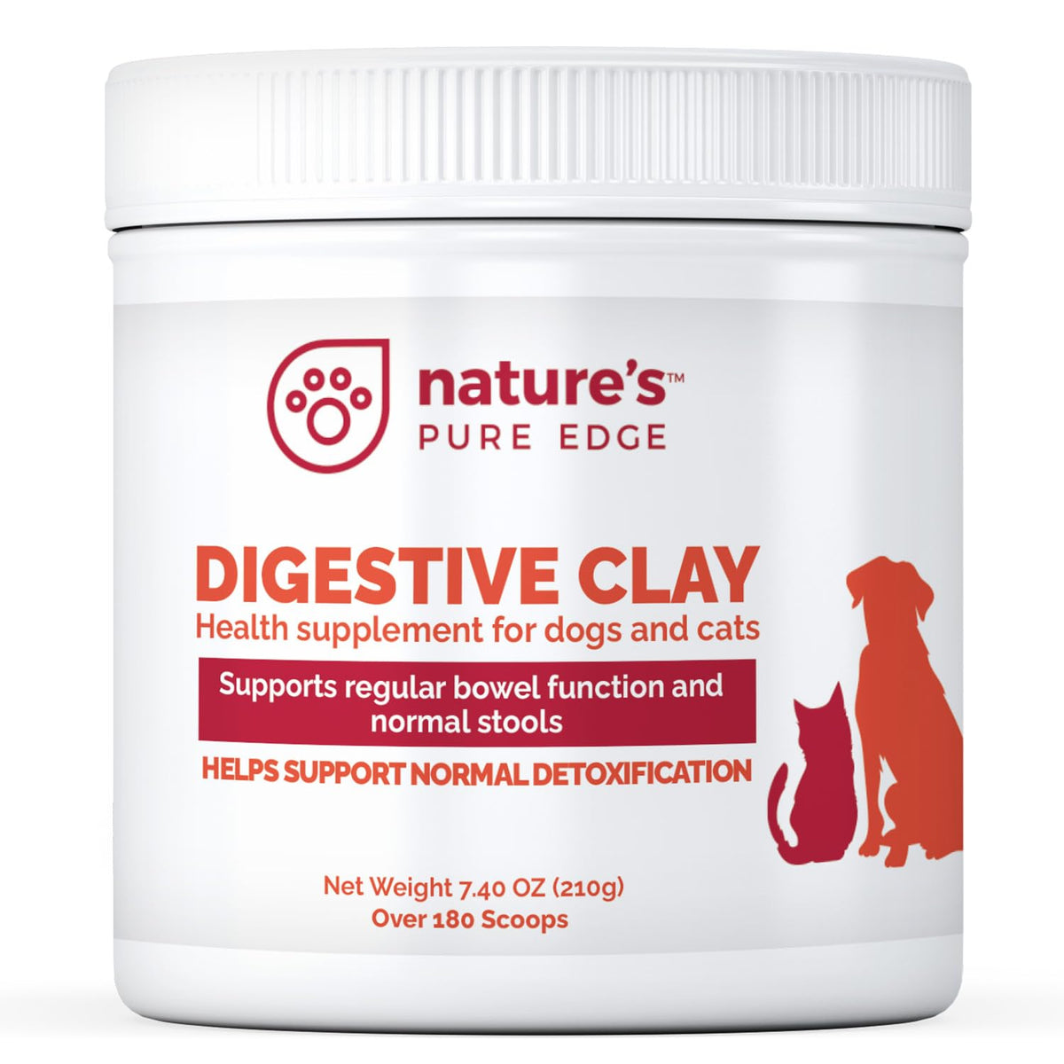 Nature's Pure Edge clay powder bottle shows natural detox for pets' digestion and gut balance.
