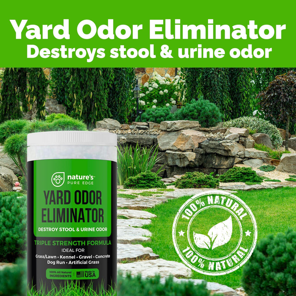 Nature's Pure Edge kennel odor eliminator neutralizing pet smells outdoors.