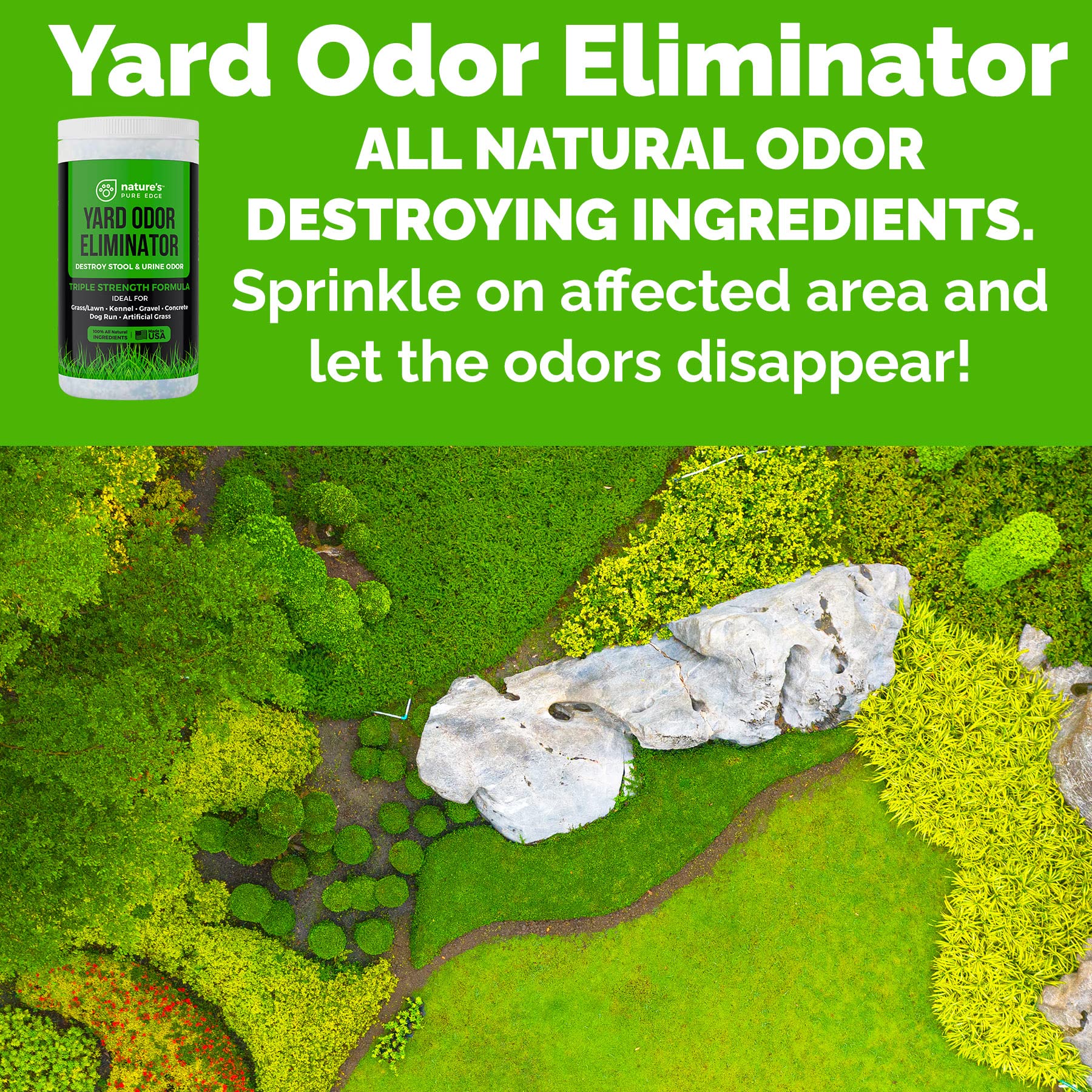 Nature's Pure Edge lawn odor control applied to grass and soil.