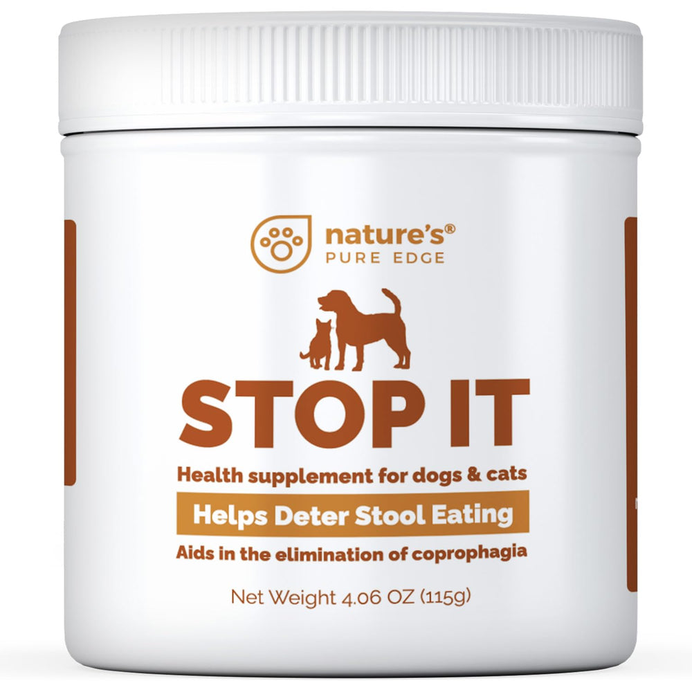 Nature's Pure Edge No Poop Eating Dogs jar label highlights 230 scoops for easy multi-dog dosing.