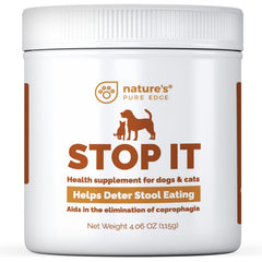 Nature's Pure Edge No Poop Eating Dogs jar label highlights 230 scoops for easy multi-dog dosing.