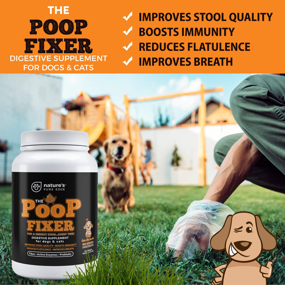 Nature's Pure Edge Poop Fixer fiber-rich grass fiber blend for pets' digestion.