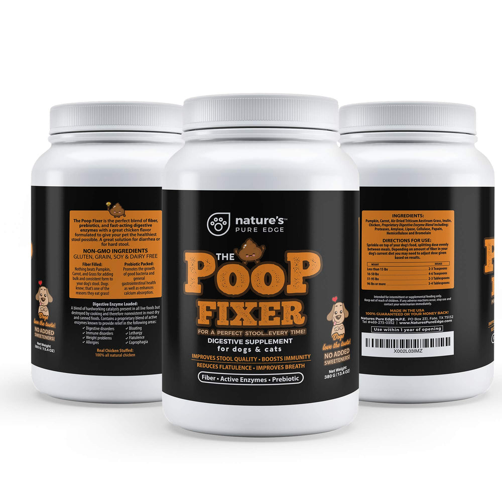 Nature's Pure Edge Poop Fixer pumpkin carrot powder for cats served in a cat bowl.