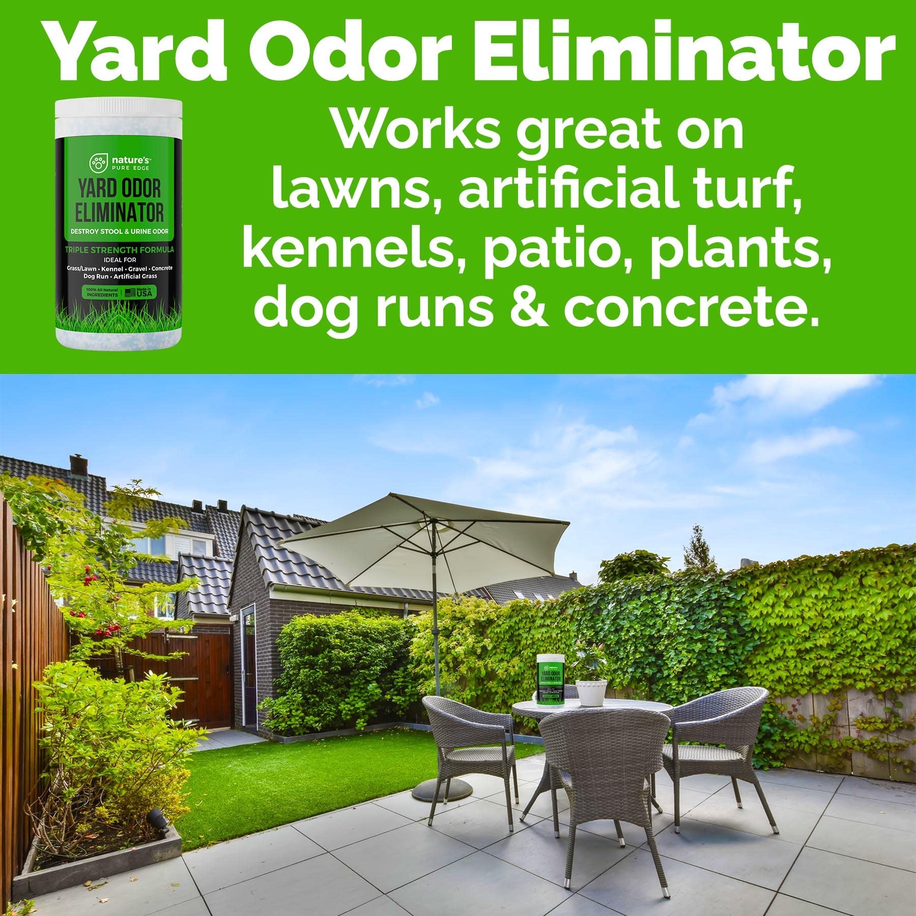 Nature's Pure Edge safe yard deodorizer for kid and pet friendly use.