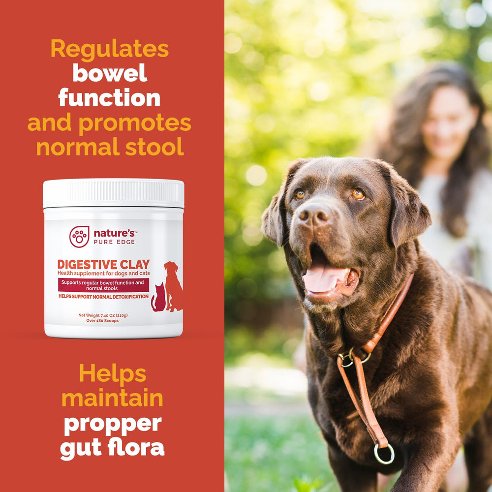 Nature's Pure Edge volcanic-origin label conveys trusted detoxifying clay for gut health.