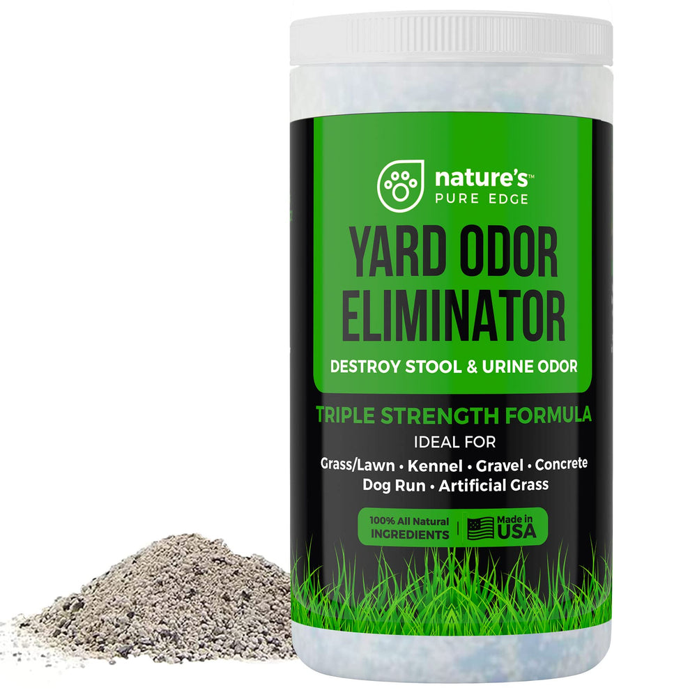 Nature's Pure Edge yard odor eliminator being sprinkled on ground.
