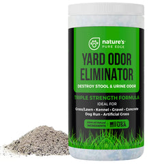 Nature's Pure Edge yard odor eliminator being sprinkled on ground.