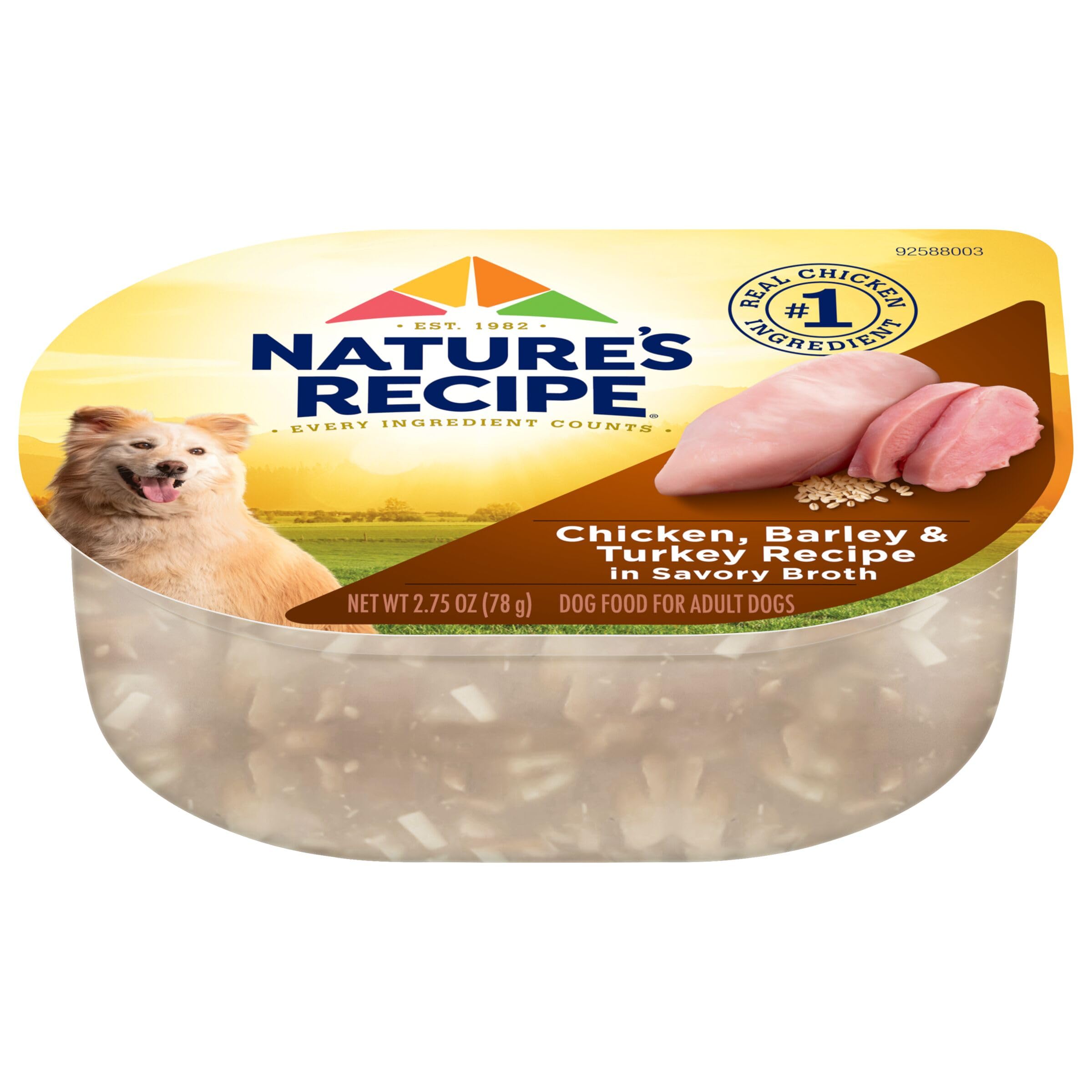 Nature's Recipe chicken-barley-turkey cup in broth with chunks for palatability