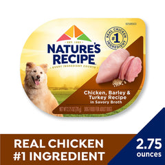 Nature's Recipe chicken-barley-turkey cup close-up shows real chicken chunks