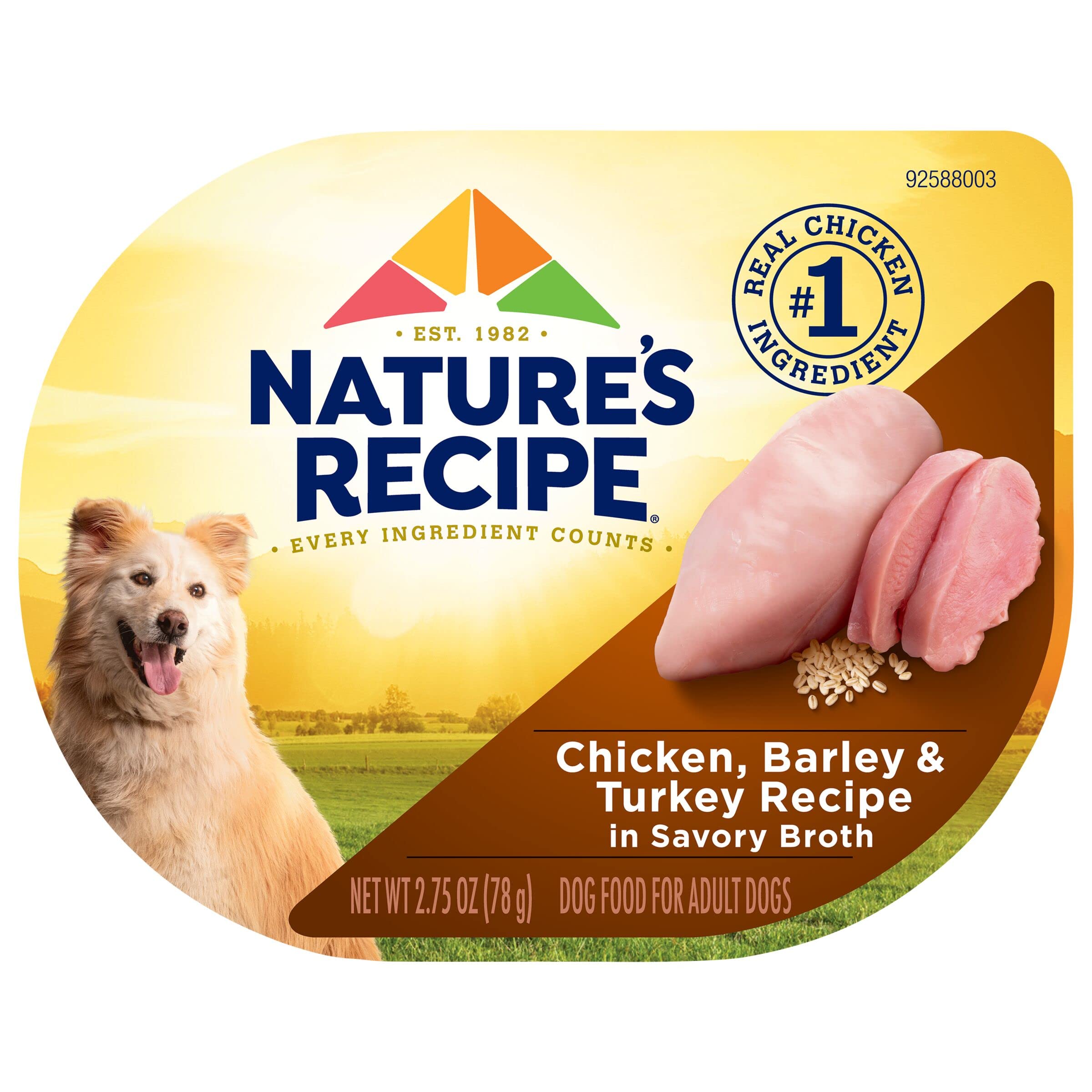 Nature's Recipe chicken-barley-turkey cup packaging shows convenient 12-serving meals