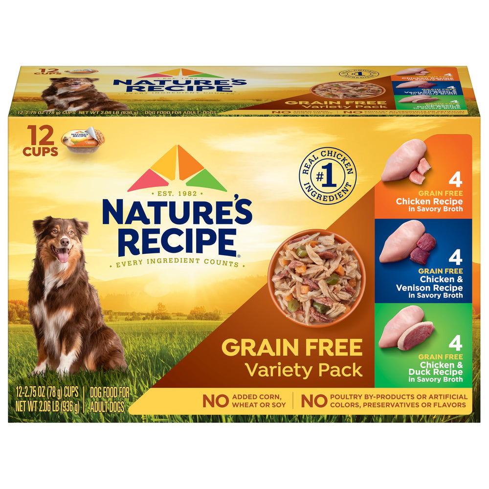 Nature's Recipe grain-free chicken and venison recipe savory broth cups with variety