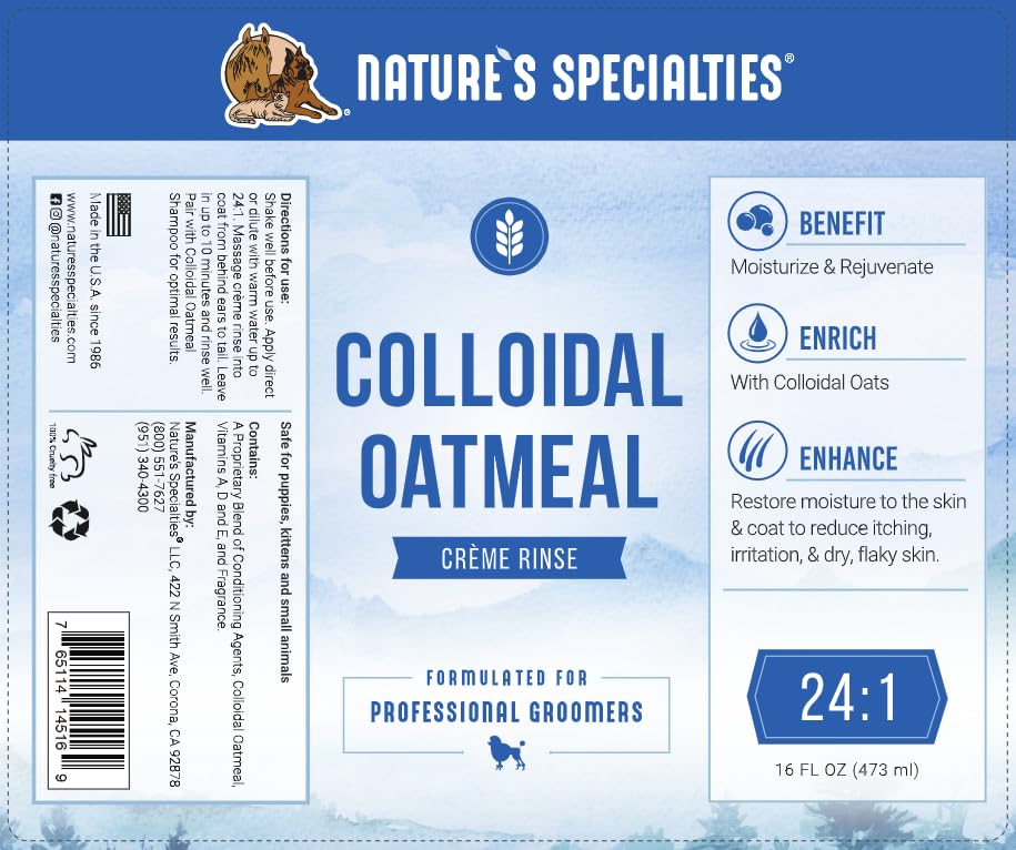 Nature's Specialties Colloidal Oatmeal Creme Rinse being diluted for gentle coat conditioning.