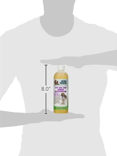 Nature's Specialties hypoallergenic aloe dog shampoo shown with dilution setup illustrating ultra-concentration