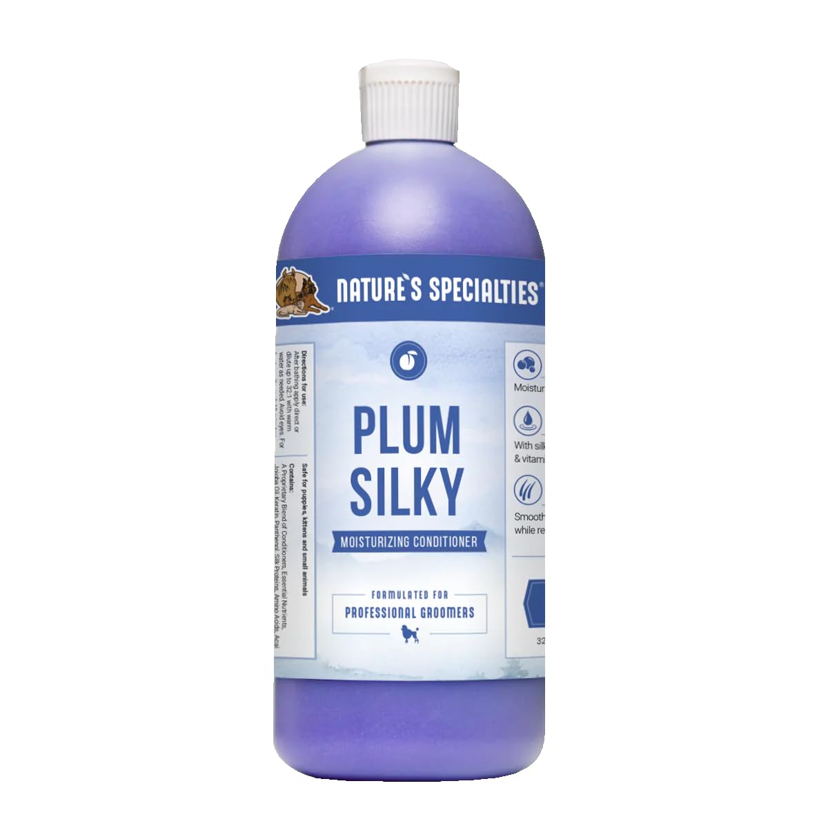 Nature's Specialties Plum Silky Dog Conditioner concentrate bottle for a silky coat and plum scent.