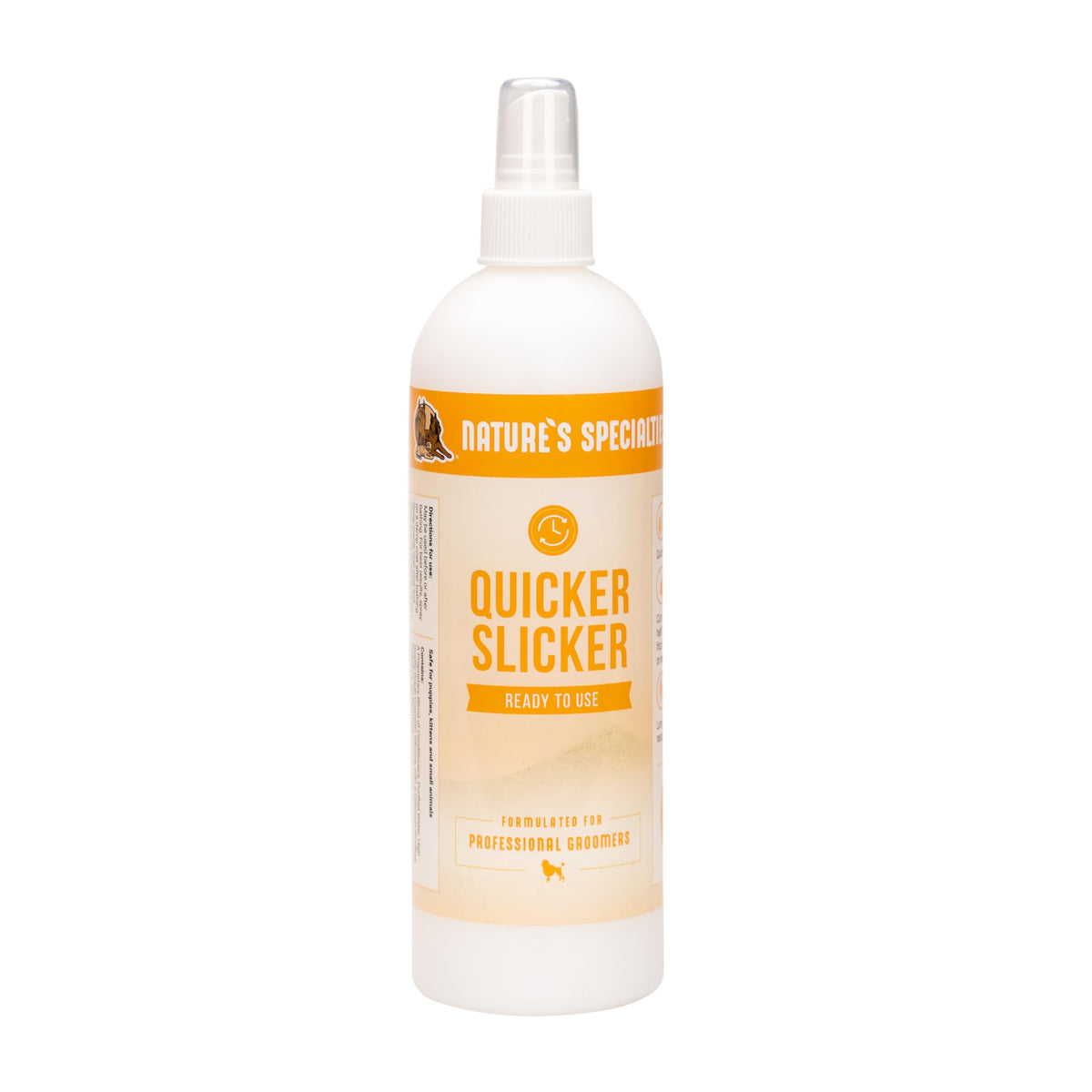 Nature's Specialties Quicker Slicker bottle demonstrates detangling and conditioning for smoother brushing.