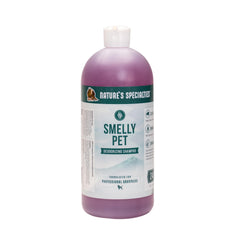 Nature's Specialties Smelly Pet Dog Shampoo bottle demonstrates deep-cleaning and odor control.
