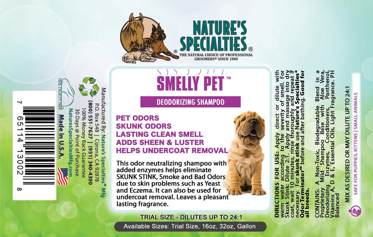 Nature's Specialties Smelly Pet Dog Shampoo ingredients panel highlights deodorizing enzymes and aloe vera.
