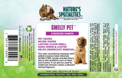 Nature's Specialties Smelly Pet Dog Shampoo ingredients panel highlights deodorizing enzymes and aloe vera.