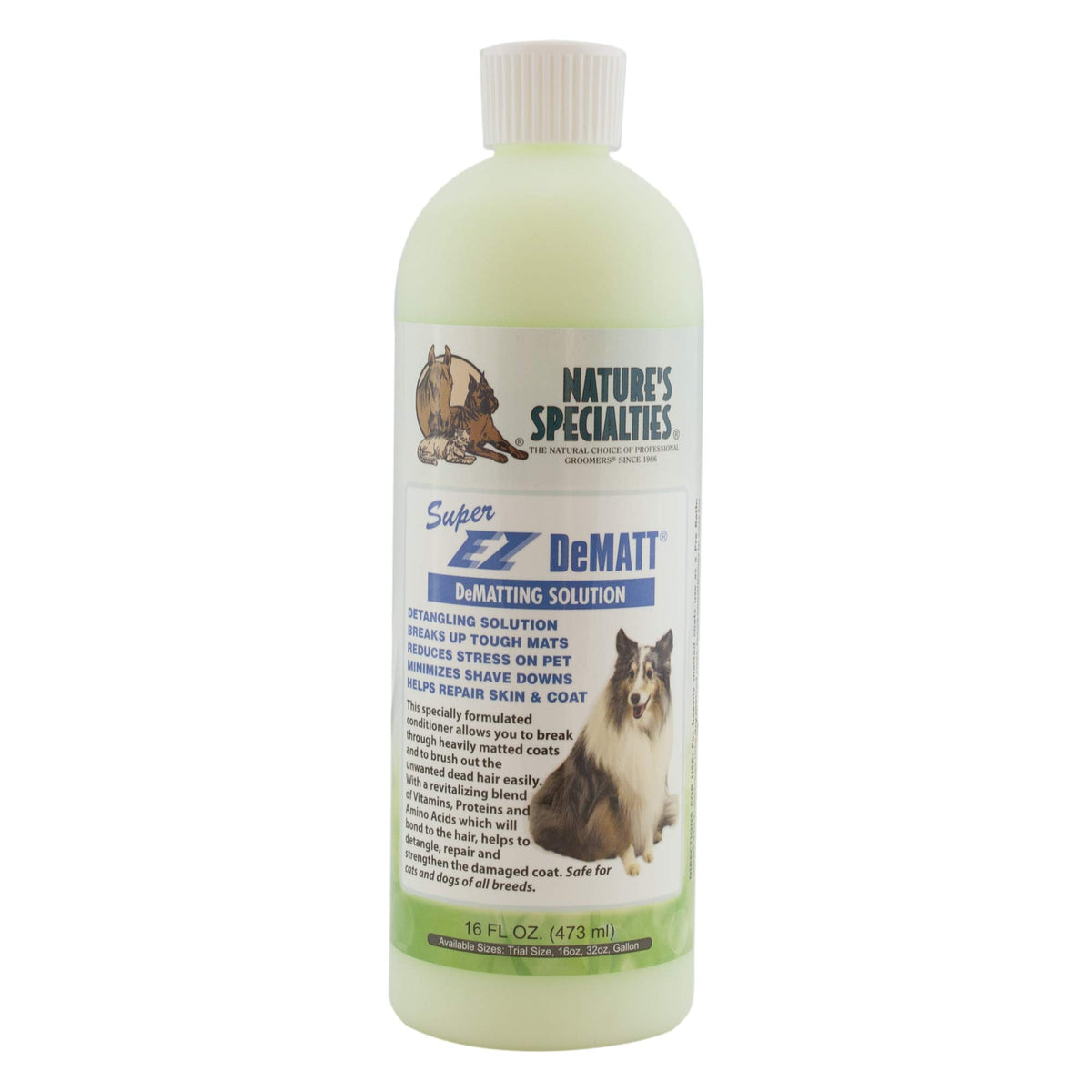 Nature's Specialties Super EZ Dematting Solution bottle shows detangling in action.