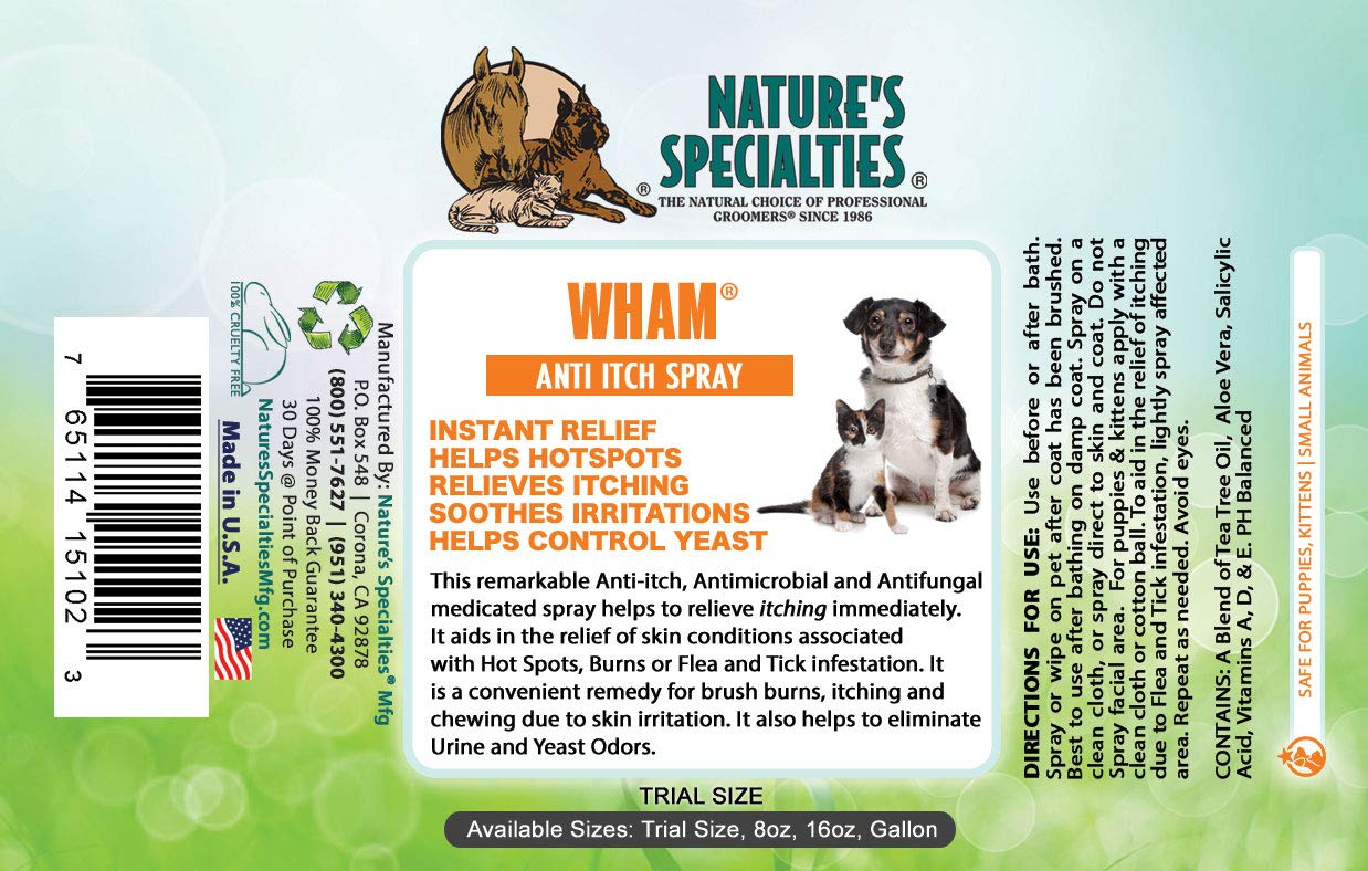 Wham Anti-Itch spray applied to a damp coat after bathing for soothing relief.