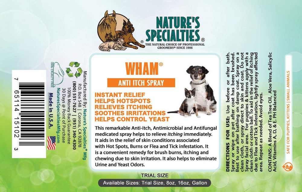 Wham Anti-Itch spray applied to a damp coat after bathing for soothing relief.