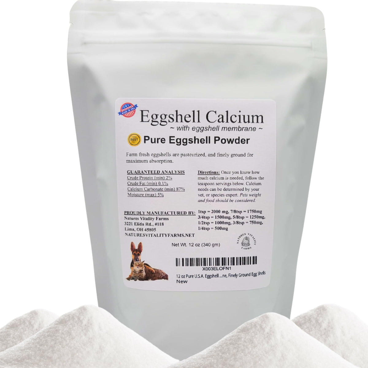 Natures Vitality Farms eggshell powder for dogs, spoon-dispense in bowl for calcium support.