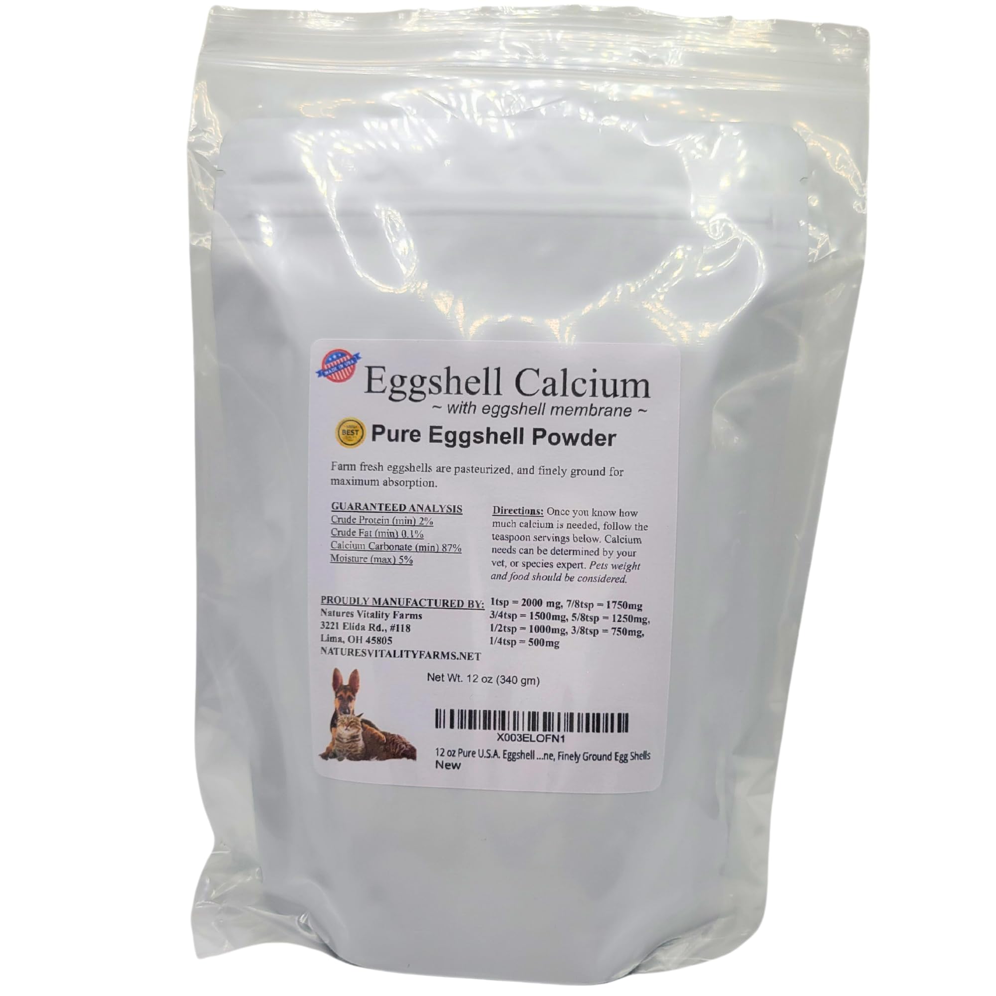 US-made eggshell powder by Natures Vitality Farms, farm-to-bowl quality.