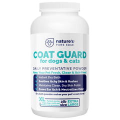 Nature's Pure Edge Coat Guard jar closeup shows powder for quick waterless grooming