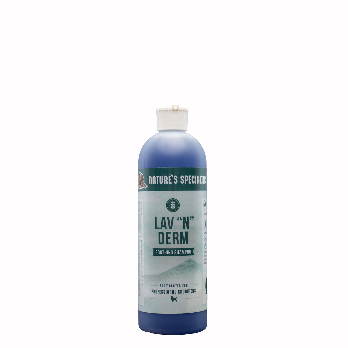 Nature's Specialties Lav-N-Derm bottle closeup highlighting ultra-concentration for economical grooming sessions.