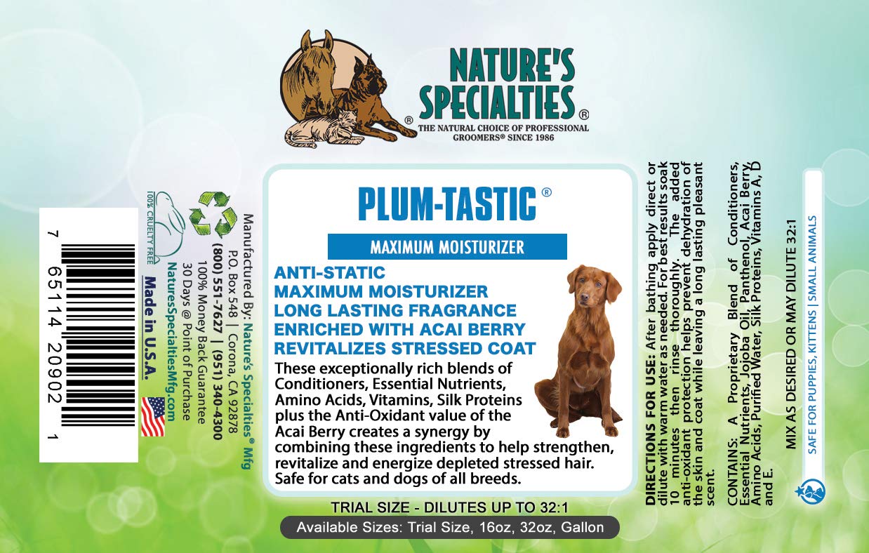 Nature's Specialties Plum-Tastic dilution process illustrating mixing up to four gallons for versatile use.