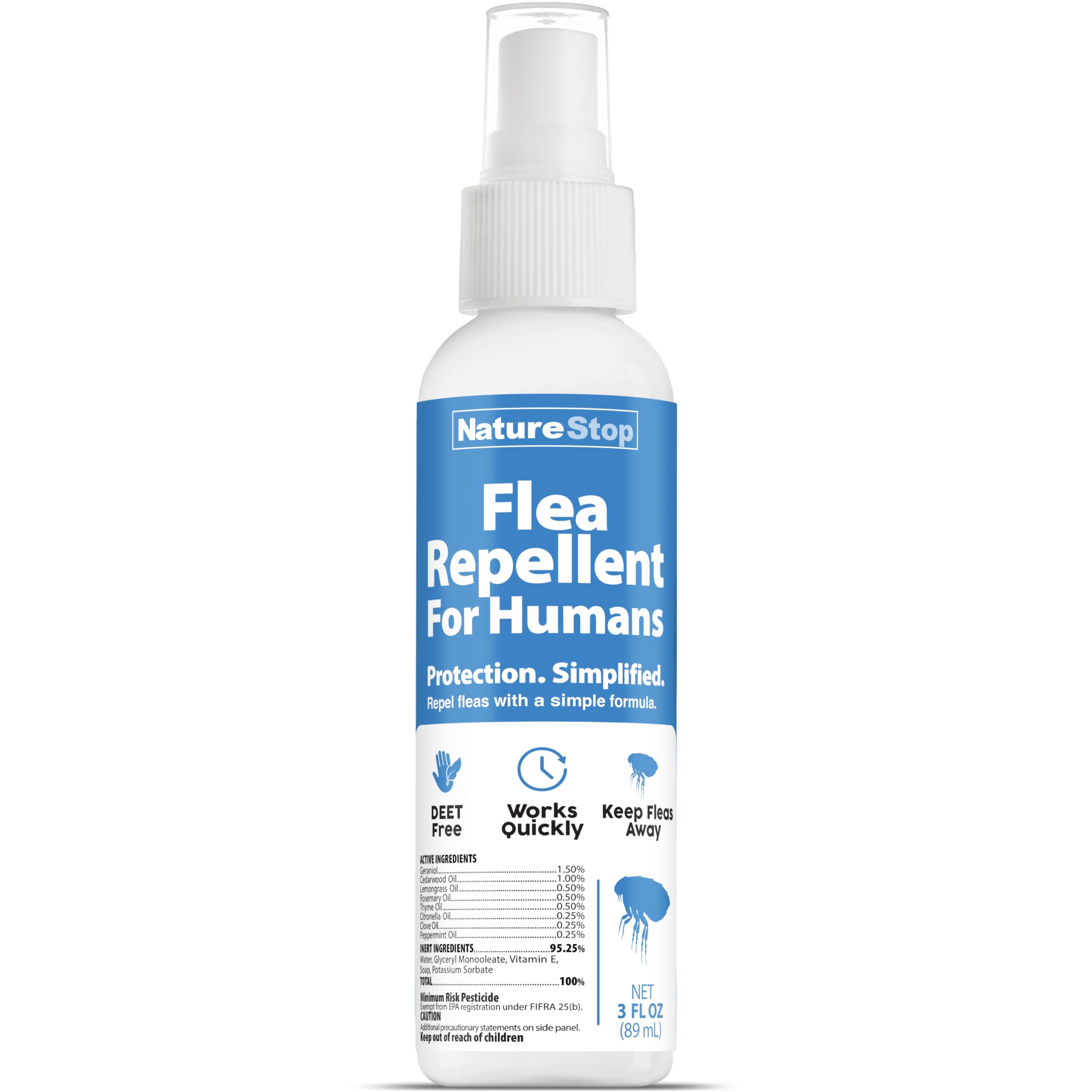 NatureStop flea repellent 3oz bottle in a travel-friendly design.