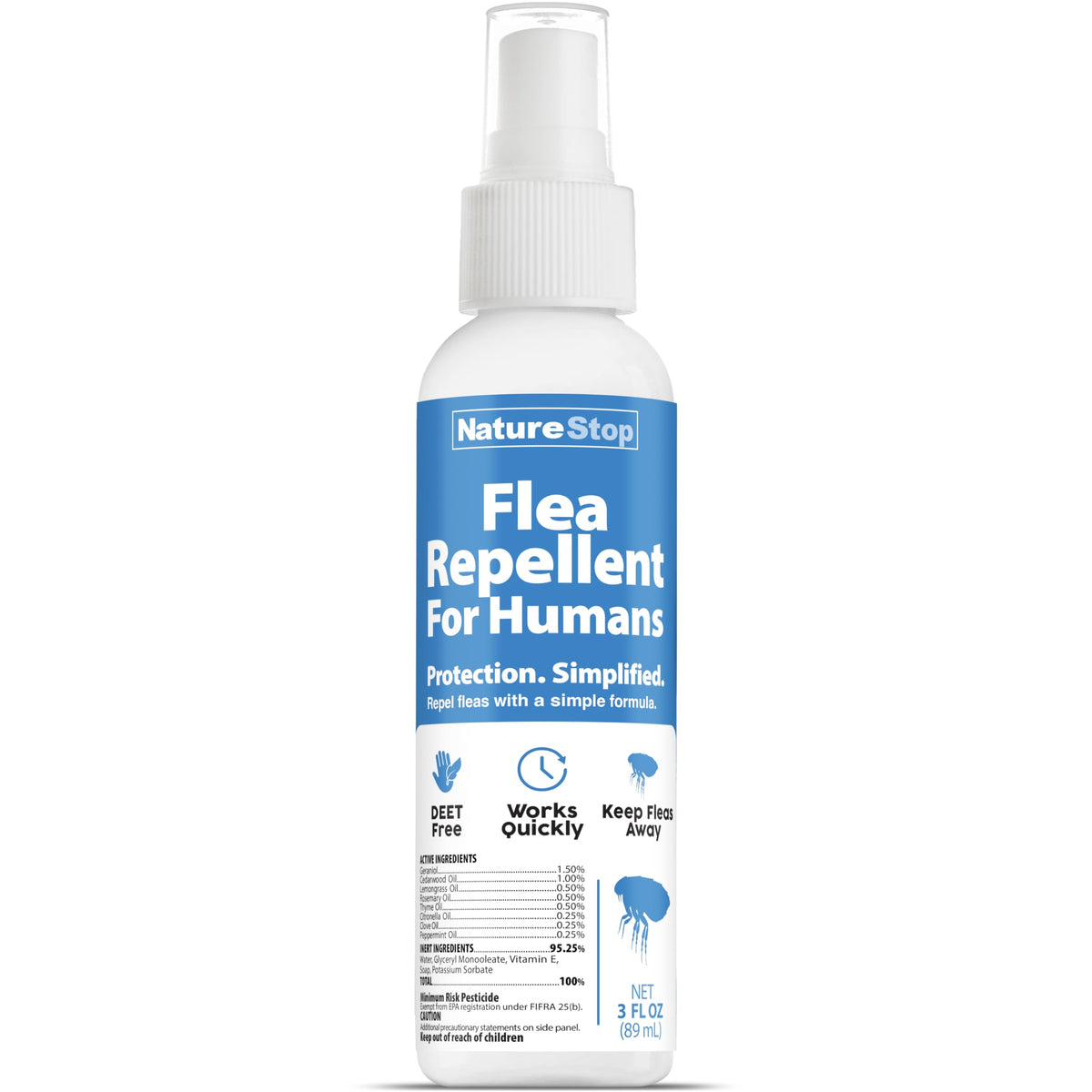 NatureStop flea repellent 3oz bottle in a travel-friendly design.