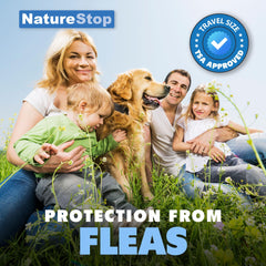 NatureStop flea-repellent bottle closeup highlighting lightweight formula.
