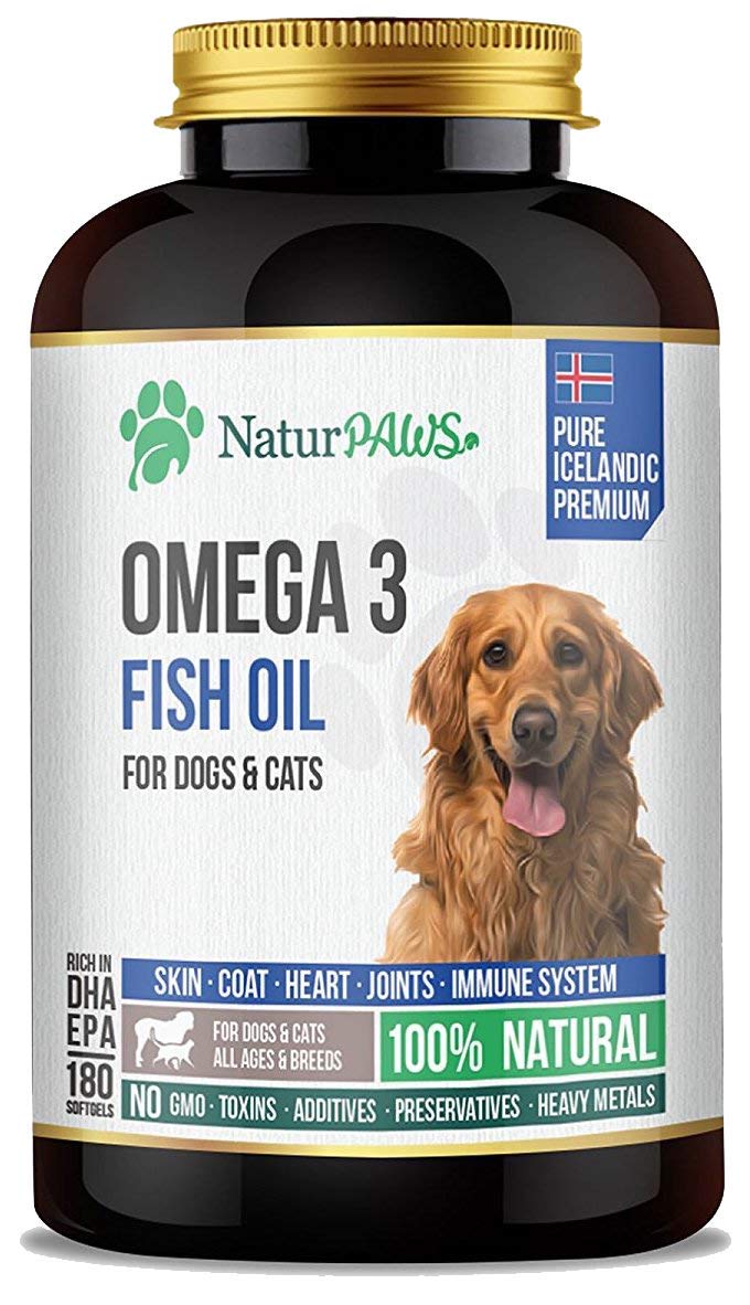 NATURPAWS Omega-3 bottle and softgels for convenient pet wellness