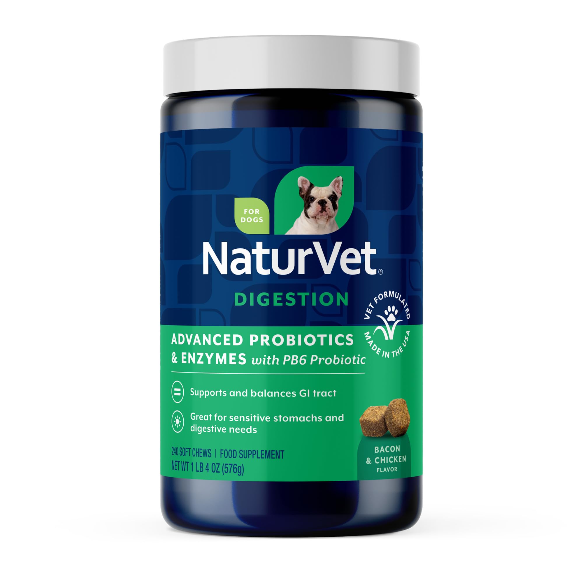 NaturVet Advanced Probiotics & Enzymes soft chews in bacon jar provide gut balance support for dogs