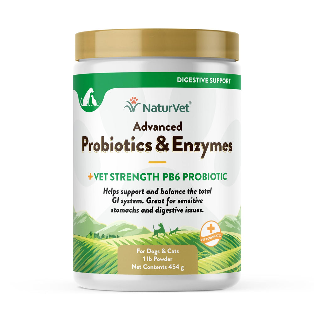 NaturVet Advanced Probiotics PB6 bottle promotes digestive balance for pets.