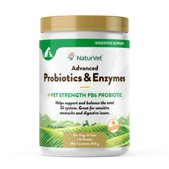 NaturVet Advanced Probiotics PB6 bottle promotes digestive balance for pets.