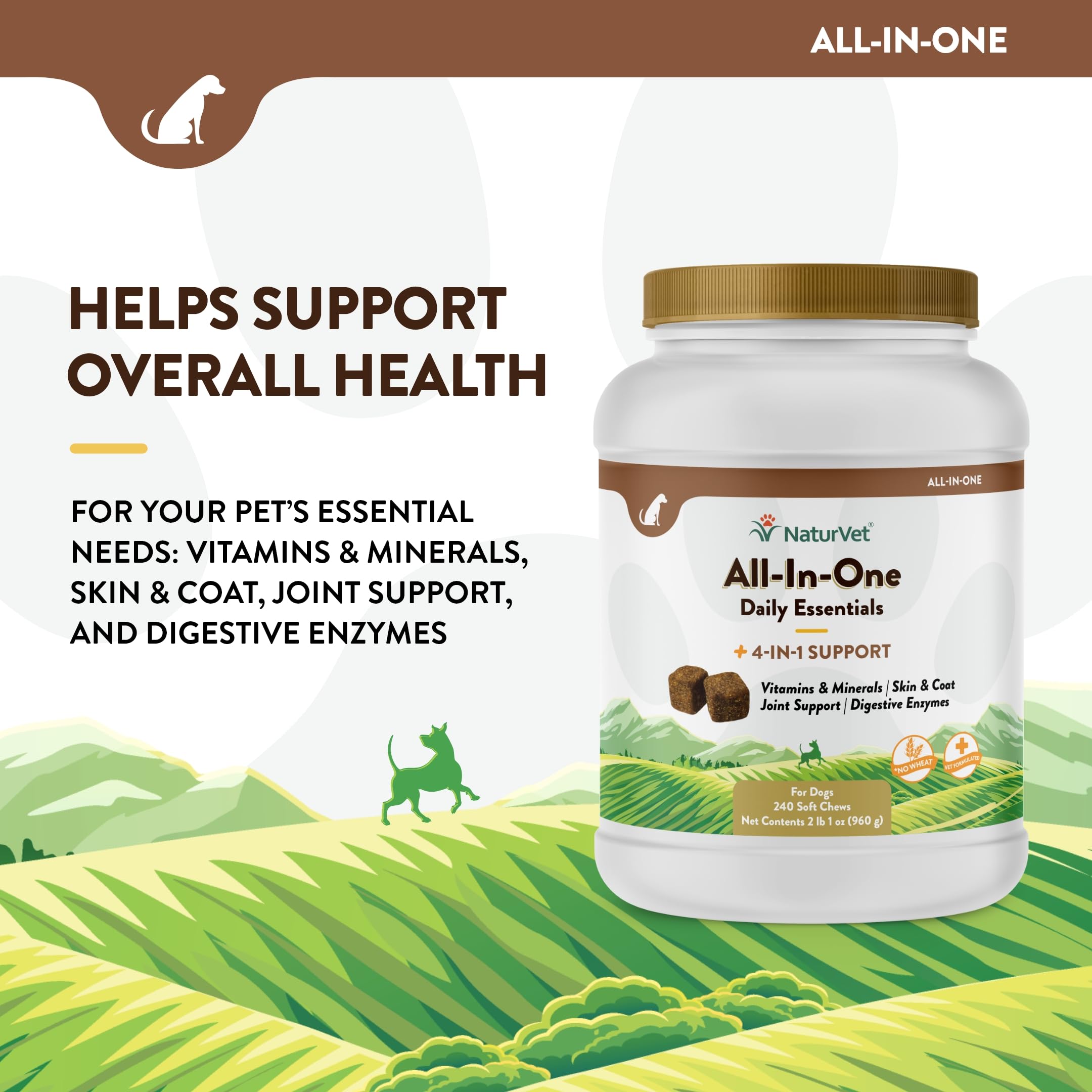 NaturVet All-in-One dog supplement promotes digestion through enzymes and probiotics.