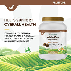 NaturVet All-in-One dog supplement promotes digestion through enzymes and probiotics.