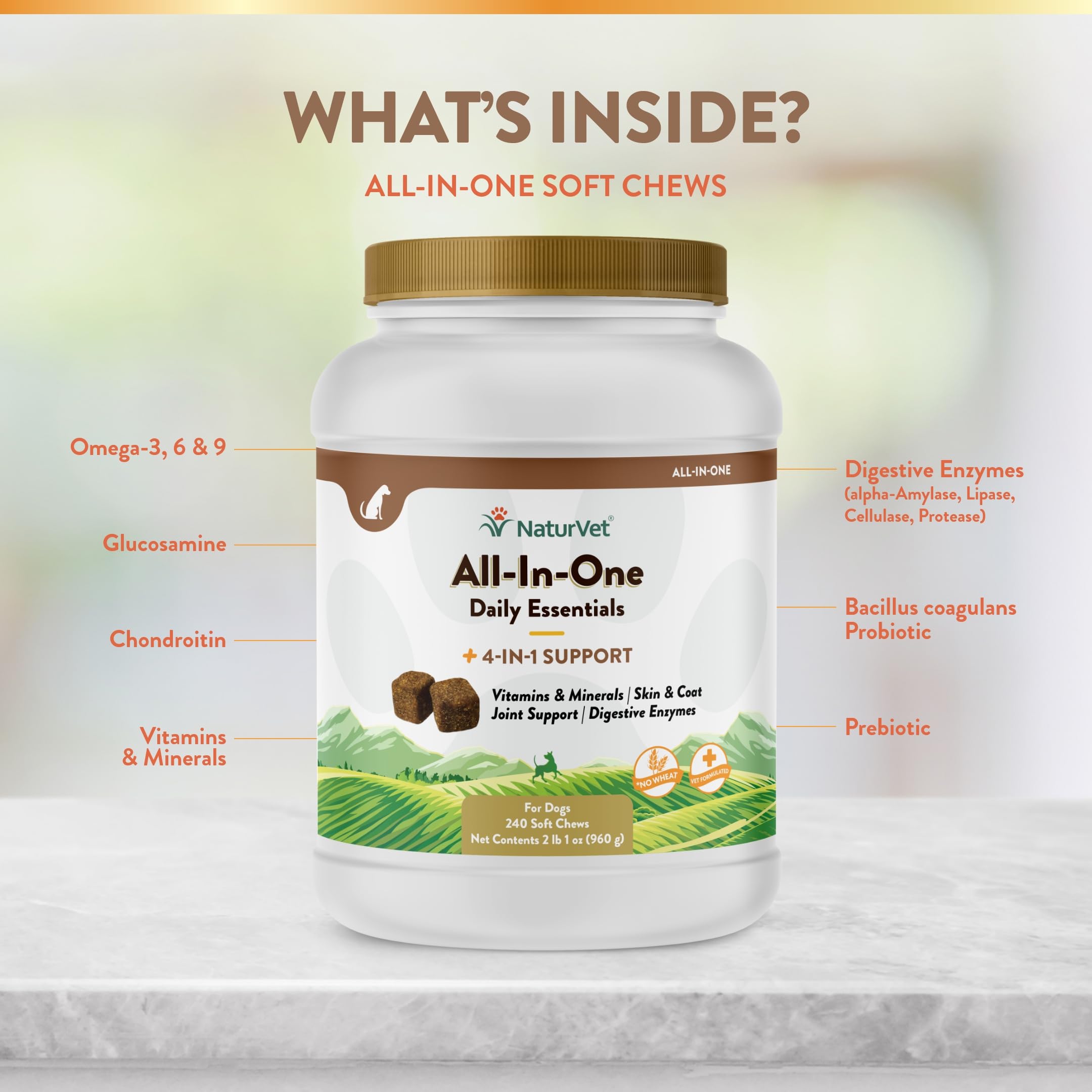 NaturVet All-in-One dog supplement is wheat-free and suitable for sensitivities.